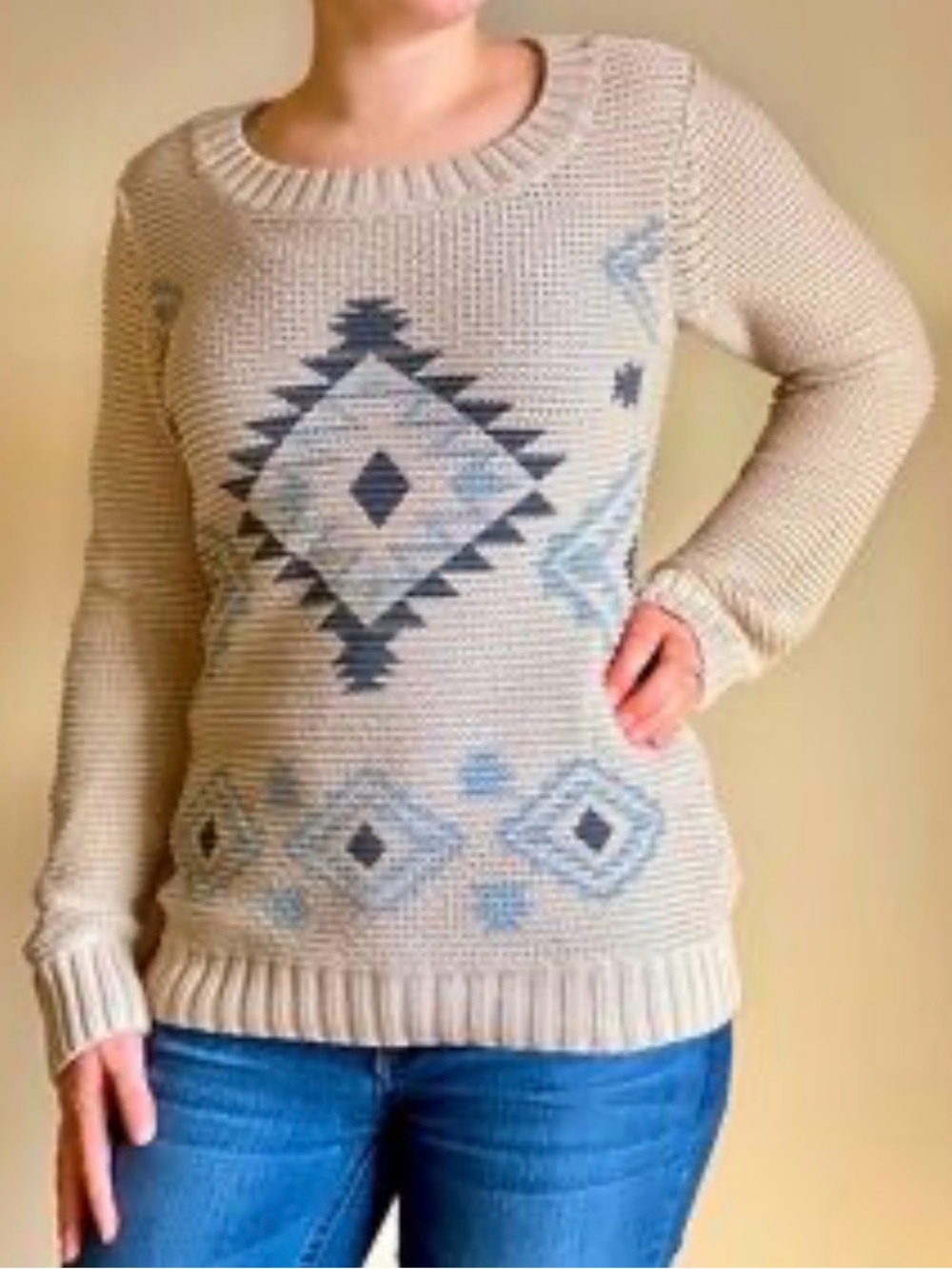 Venus knit Aztec print sweater oatmeal/blue gray M